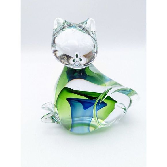 Art Glass Blue and Green Cat Figurine Curling Tail Paperweight - Picture 1 of 12